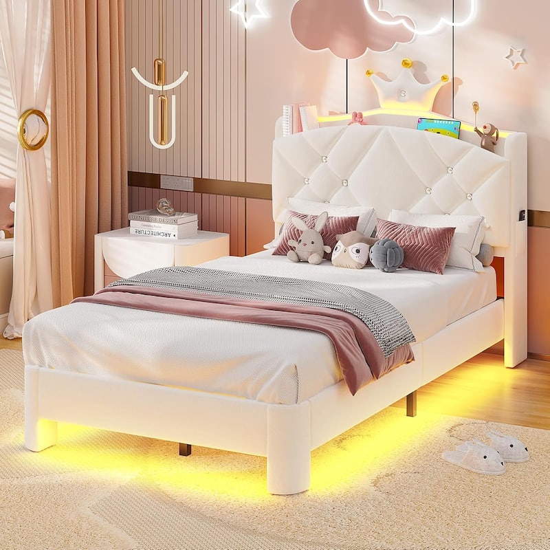 Princess Upholstered Bed with Headboard Charging Station Crystal Button Crown - White - Twin