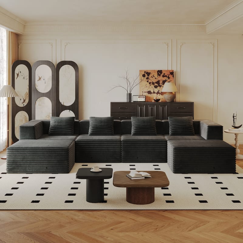 Modular Boneless Sectional Sofa, Deep Seat U-Shaped Corduroy Couch - Gray 4 Seat - 2 Ottoman