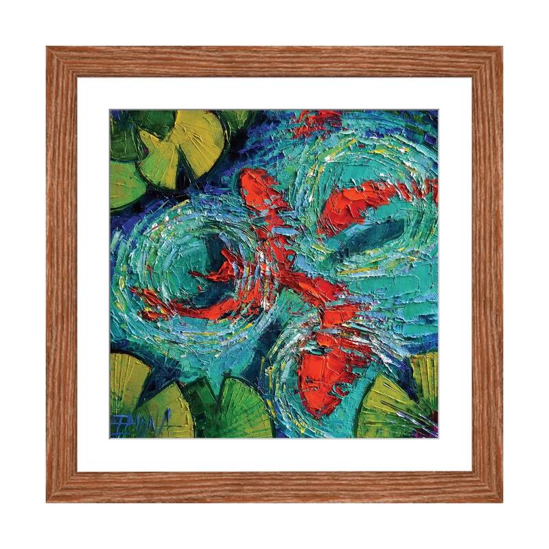 iCanvas "Colorful Koi Fishes In Lily Pond" by Mona Edulesco - Walnut - 16x16x1