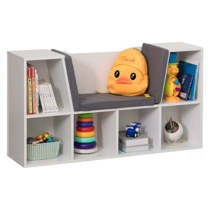Modern Bookshelf with Storage Space and Gray Cushioned Reading Nook