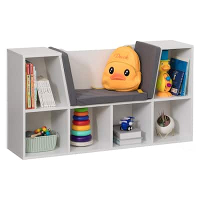 Modern Bookshelf with Storage Space and Gray Cushioned Reading Nook