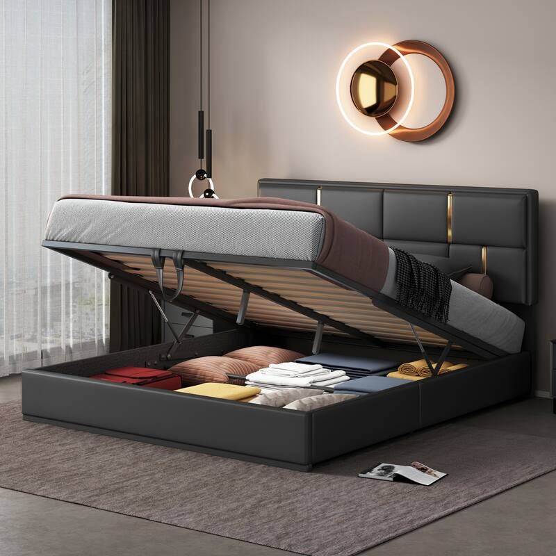 Upholstered Platform Bed with Hydraulic Storage System - Black