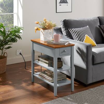 11.8"W x 24"D x 24.2"H Narrow 2-tone Solid Wood End Table with USB Charging Ports for Small Space