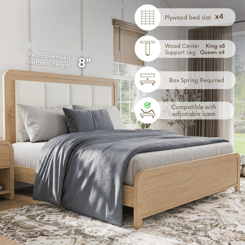 Furniture of America Elowyn Modern Natural Solid Wood Upholstered Channel Panel Bed