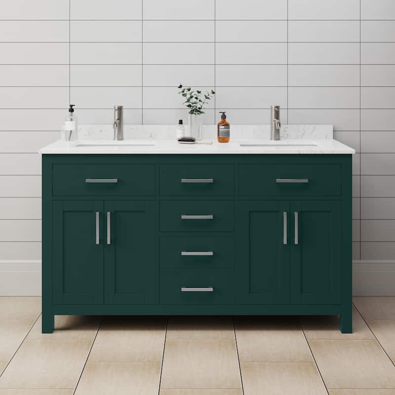 Wyndham Collection Beckett 60" Free Standing Double Basin Vanity Set - Green / Carrara Cultured Marble Top / Brushed