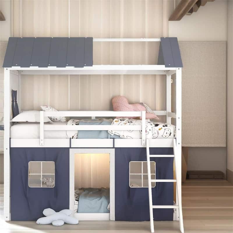 Twin Size Bunk Wood House Bed with Elegant Windows,Sills and Ten - White+Blue