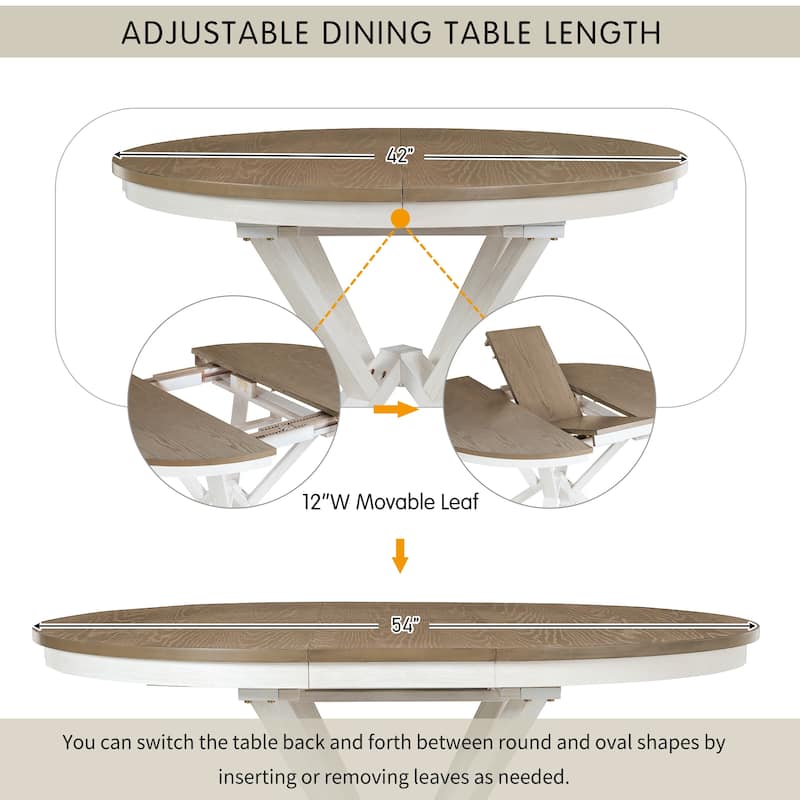 5-Piece Retro Functional Dining Table Set Extendable Round Table and 4 Upholstered Chairs for Dining Room and Living Room