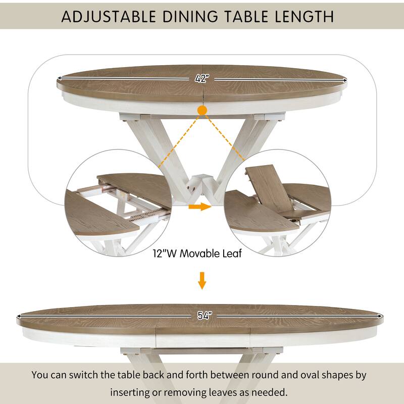 Roomfitters 5-Piece Retro Dining Table Set, Extendable Round Table with Leaf & Upholstered Chair, Dining Room Set