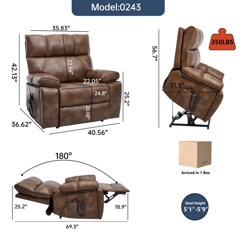 Leatheraire Heat Massage Dual Motor Infinite Position Up to 350 LBS Large Electric Power Lift Recliners with Hidden Cup Holders