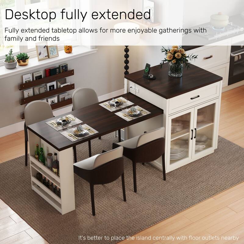 83.1"Extendable Kitchen Island with Slide Out Table and Storage Racks,Kitchen Island with Tempered Glass Doors,Power Outlet