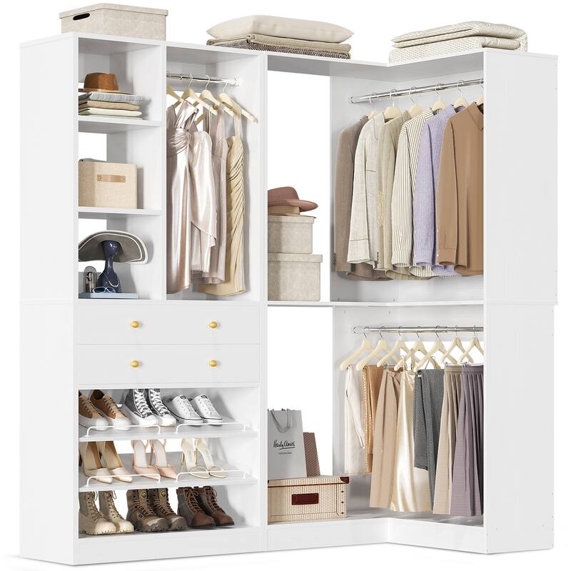 Set of 2/ 3 Coner Closet System with Shoe Racks and Drawers, Freestanding Closet Organizer with Hanging Rods and Shelves