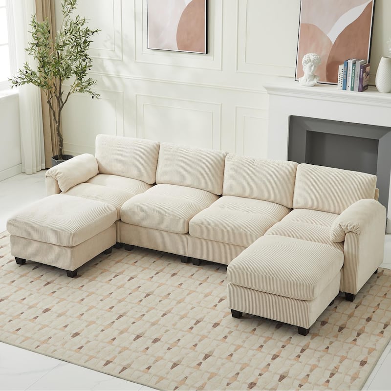 Corduroy Sectional Sofas with 2 Removable Ottomans, U-shaped Symmetrical 6-Seat Modular Couch