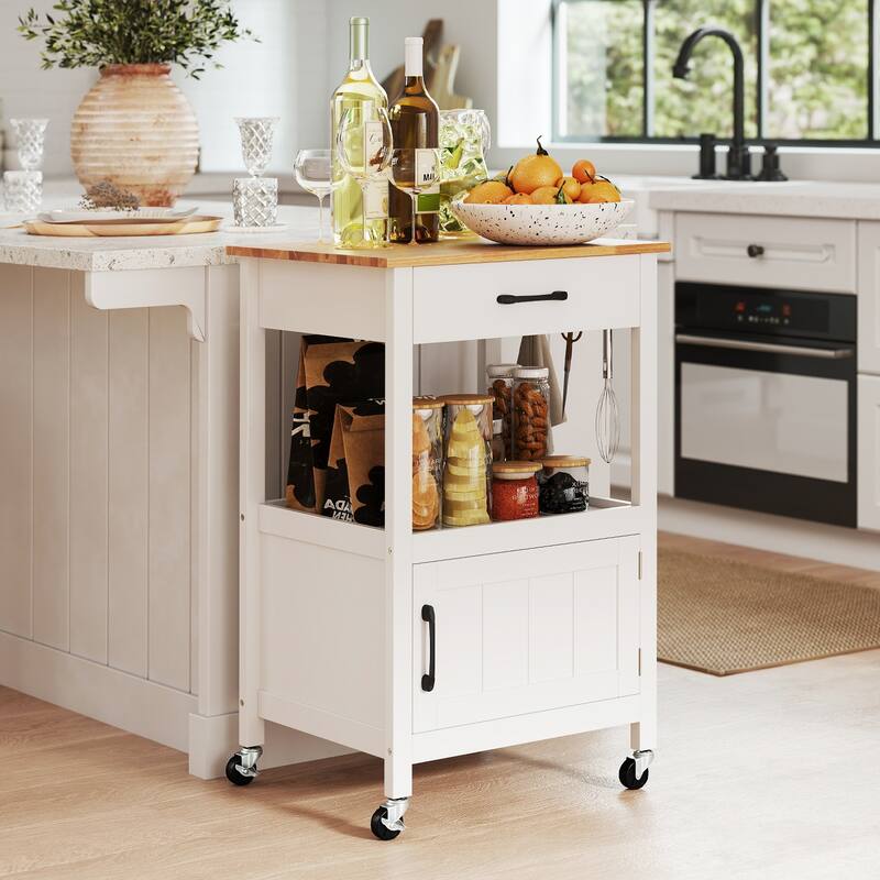 Mobile Rolling Kitchen Cart with Drawer and Cabinet Hooks for Dining Room or Living Room - 22" x 18" x 36" (L x W x H)
