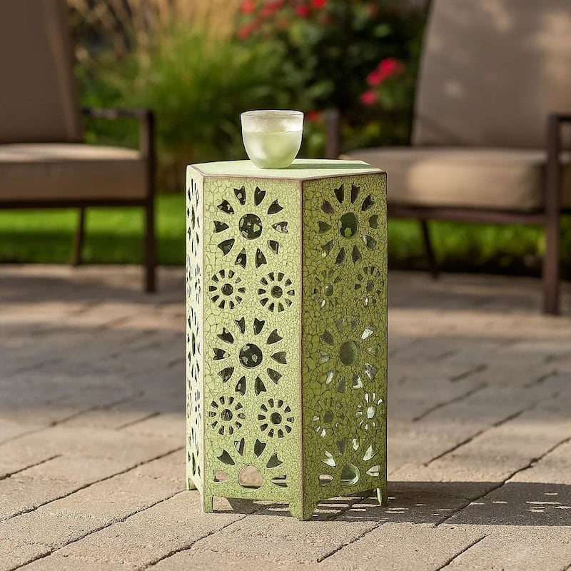 Liana Outdoor Side Table, Hexagonal 14 Inch, Sunburst Cut Out, Green