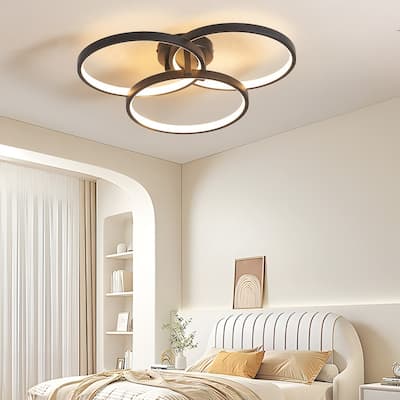 20" Contemporary Black LED Ceiling Fixture – Three-Tier Ring Flush Mount Light for Living Spaces .