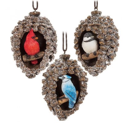 Set Of 3 Assorted Birds In Pinecone Ornaments