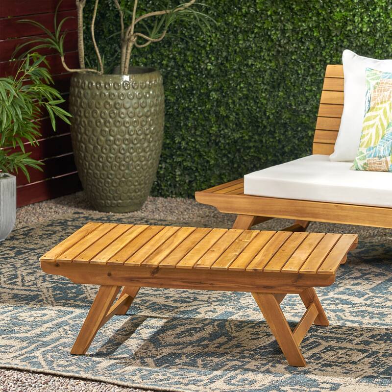Roomfitters Outdoor Acacia Wood Coffee Table, Slatted Top with Angled Legs, Weather-Resistant Patio Accent, Teak