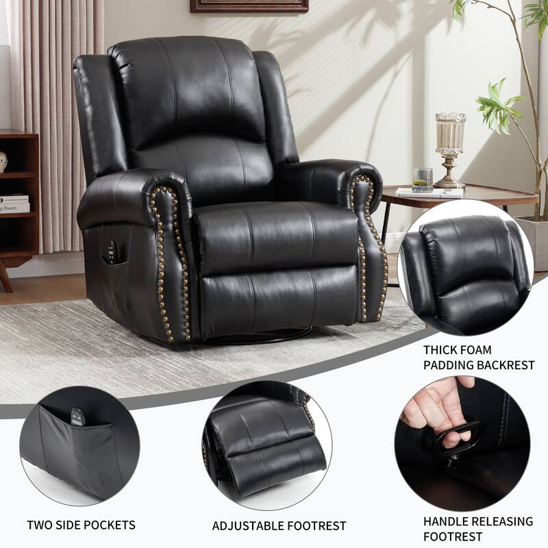 Roomfitters Swivel Rocker Recliner Chair with Heat and Massage Manual Reclining Fabric Lounge Sofa for Living Room, Black