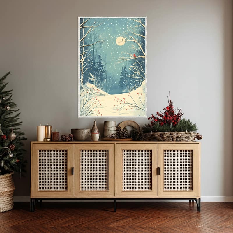 Red Bird in Snowy Forest by Pictufy Studio Framed Canvas Wall Art Print - Sylvie Beaded White