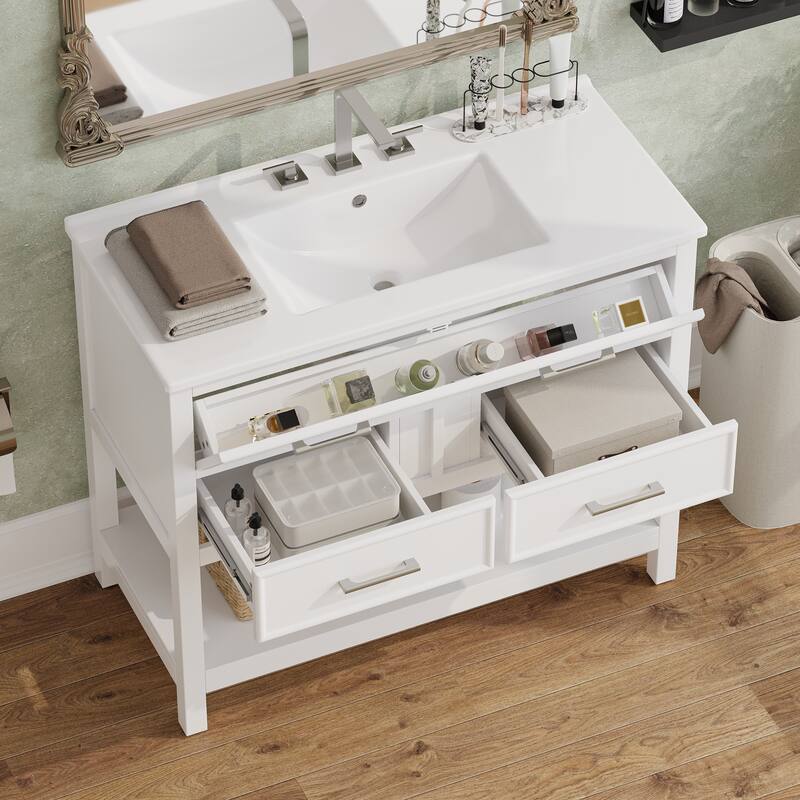 Bathroom Vanity with Sink, Multi-Functional Wood Bathroom Cabinet, Vanities Set with Open Shelf, Tip-Out Tray & 2 Drawers