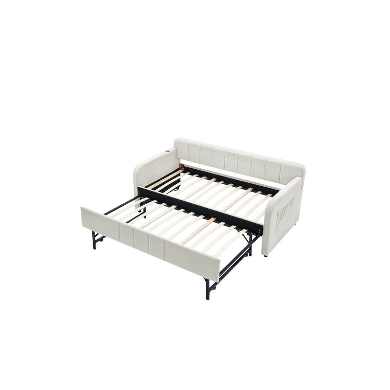 Twin Daybed with Trundle, Upholstered Velvet Frame, Space Saving Daybed Bed for Guest Room