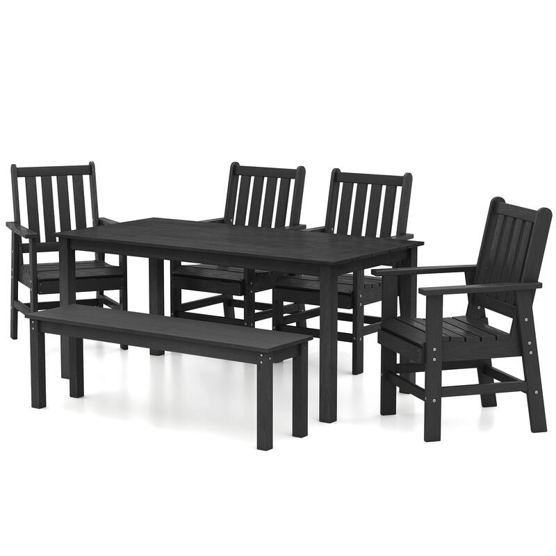 Gymax 6PCS Patio Dining Bench Set Outdoor HDPE Weather Resistant Table