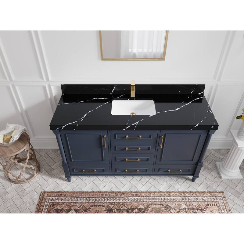 Willow Collections 60 in. W x 22 in. D Aberdeen Single Bowl Sink Bathroom Vanity with Countertop - 2" Calacatta Black - Hale Navy Blue