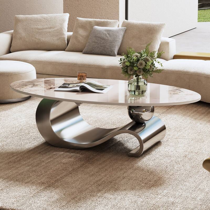 GDFStudio - Contemporary 49.2" Oval Sintered Stone Coffee Table with S-Shaped Stainless Steel Base & Novel-Pattern Top