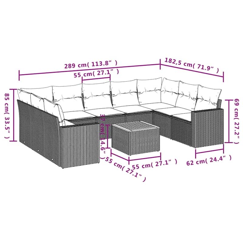 vidaXL Patio Sofa Set with Cushions Outdoor Furniture 10 Piece Poly Rattan - 21.7 x 21.7 x 14.6
