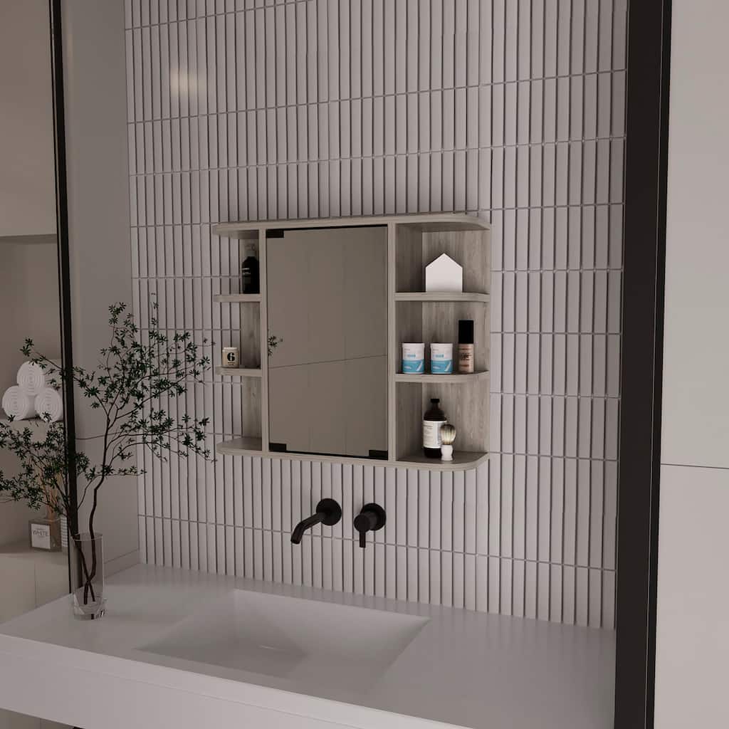 6-Shelf Medicine Cabinet with Mirror Panel Door, 3 Open Shelves on Each Side for Bathroom or Living Room Storage