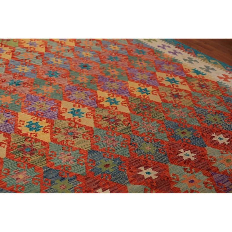 All-Over Geometric Kilim Area Rug Hand-Woven Oriental Wool Carpet - 8'4"x 11'7"