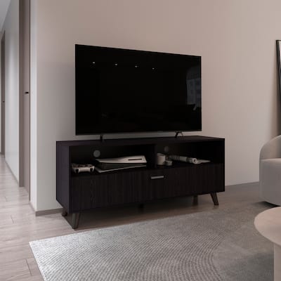 Tv Stand With 2 Doors And Open Storage Shelves, Modern Entertainment Center,Black