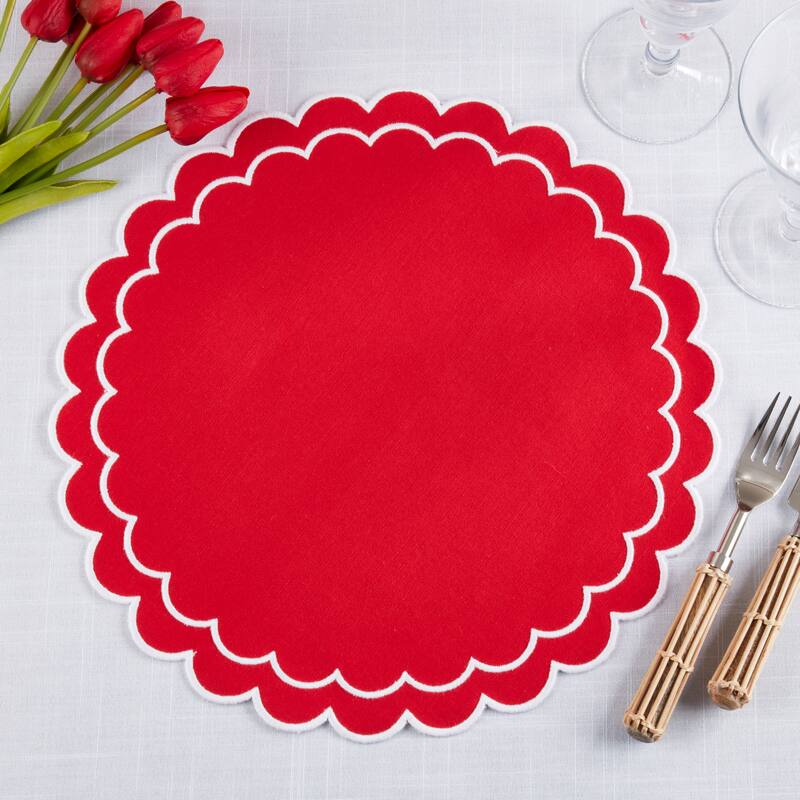 Scalloped Cotton Placemats (Set of 4) - Layered Wavy Edge Round Table Placemats for Dining, Entertaining & Everyday Table, 15"
