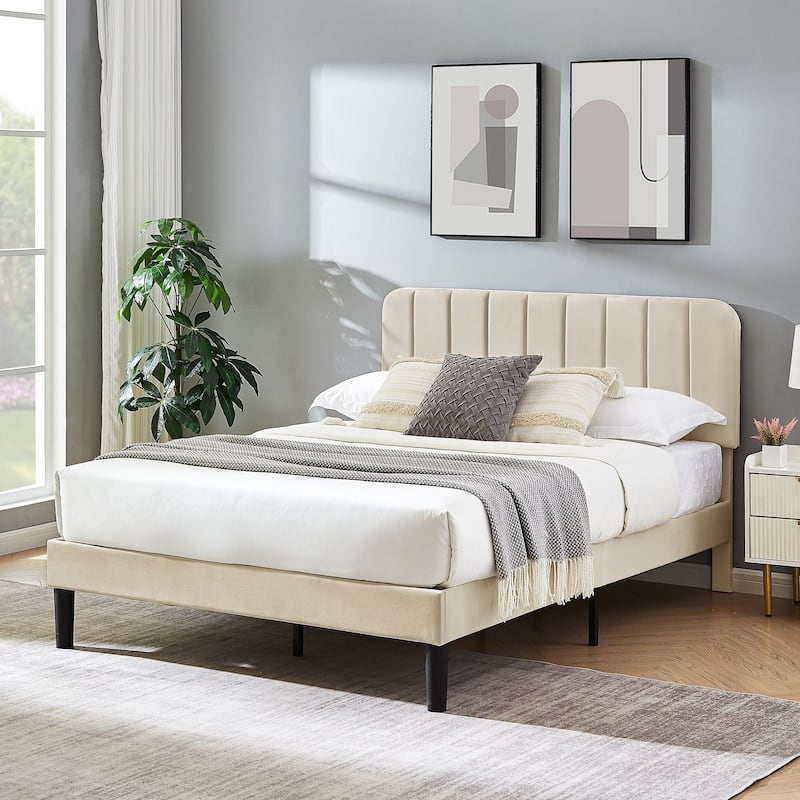 Javlergo Upholstered Adjustable Headboard Velvet Platform Bed Quiet Heavy-Duty Bed Frame No Box Spring Needed
