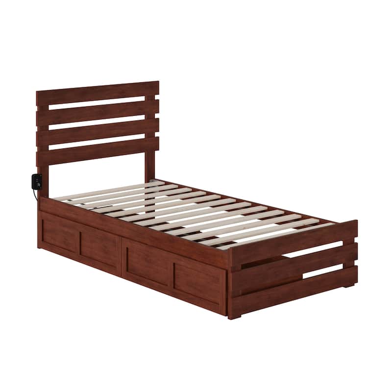 Twin Bed with Footboard, USB Charger & Drawers - Walnut Finish Storage Platform Bed