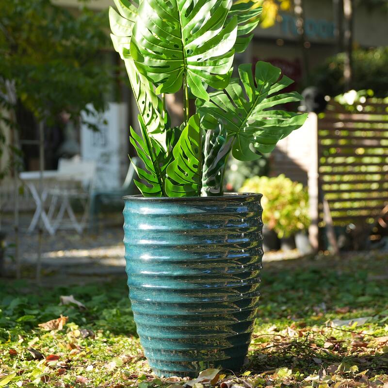 Handmade Ceramic Planter, 17 Inch Diameter, 1 Piece, Horizontal Ripples Pattern