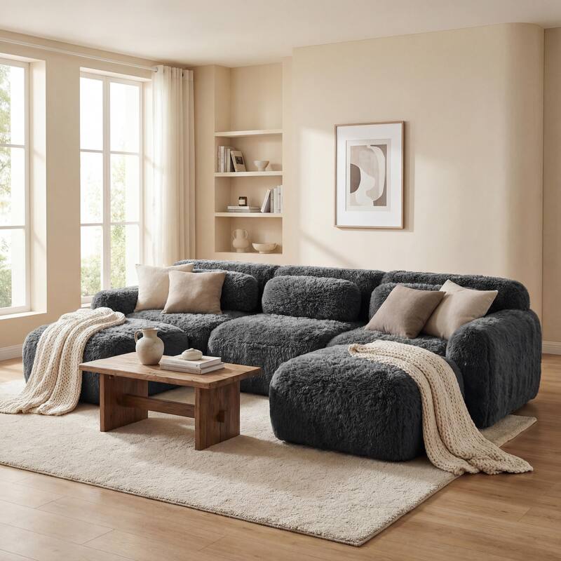 Homy Casa Modular Sectional Sofa, Dark Grey Plush Fabric with Non-Slip Base, No Assembly Living Room Couch with Pillows - G06