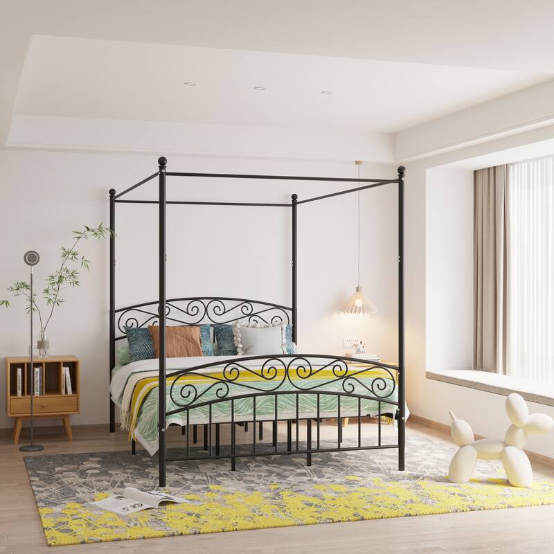 Queen Size, Metal Canopy Bed Frame with Headboard & Footboard