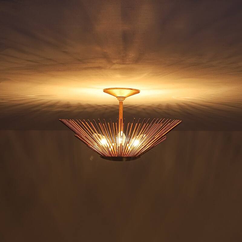 3-Light Vintage Luxe Gold Leaf Sunburst Semi Flush Ceiling Light