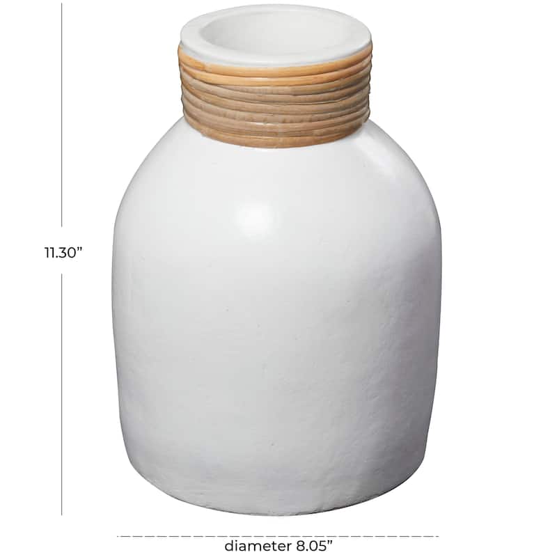 White Ceramic Decorative Vase with Wrapped Rattan Detailing