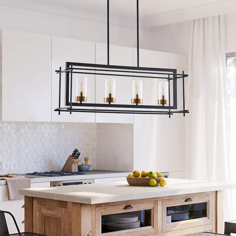 4-Lights Modern Fashion Rectangle Kitchen Island Lights - 34.3"D×10.2"W×85"H (Adjustable)