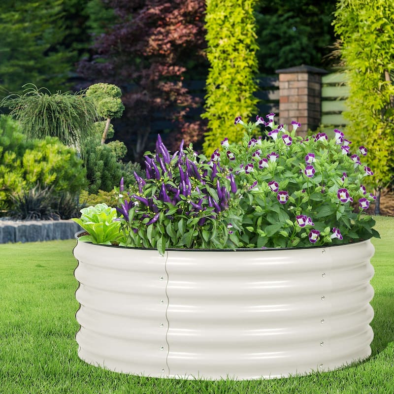 Aoodor 17'' Tall Aluzinc Metal Raised Garden Bed 42'' Round - Outdoor Open-Ended Base Garden Planter Box - N/A - White