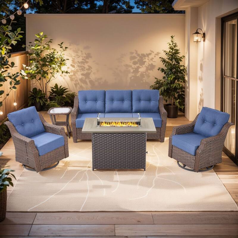Outdoor Furniture Set with Propane Gas Fire Pit Table - Brown Wicker & Blue Cushion - 5-Piece Sofa Chair with Rectangle Fire Table