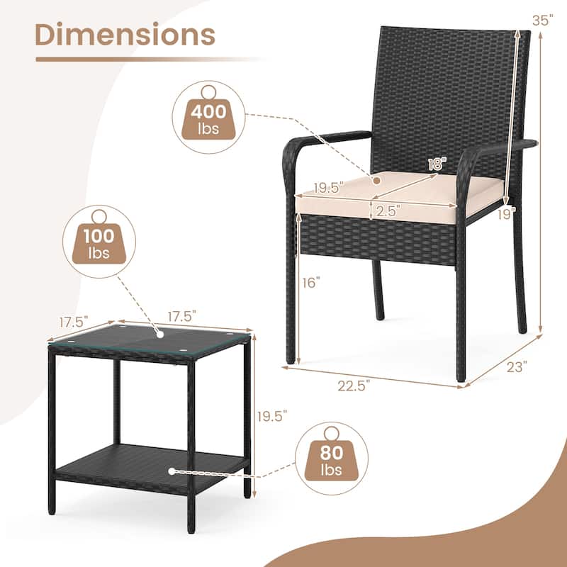 3 Piece Black PE Rattan Patio Set with Metal Frame, Cushions and Glass Table - Chair: 23" x 22.5" x 35"