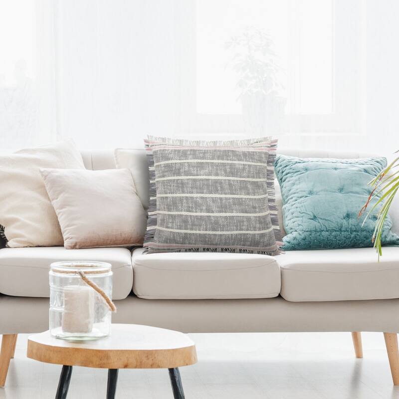 20" Gray and White Striped Square Throw Pillow with Fringes