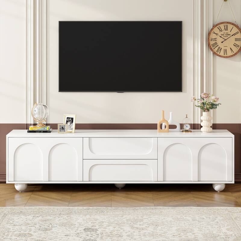 Cream Style TV Stand with Arched Doors and 2 Drawers, for TVs Up to 75" - 69.6" W × 15.7" D × 17.7" H