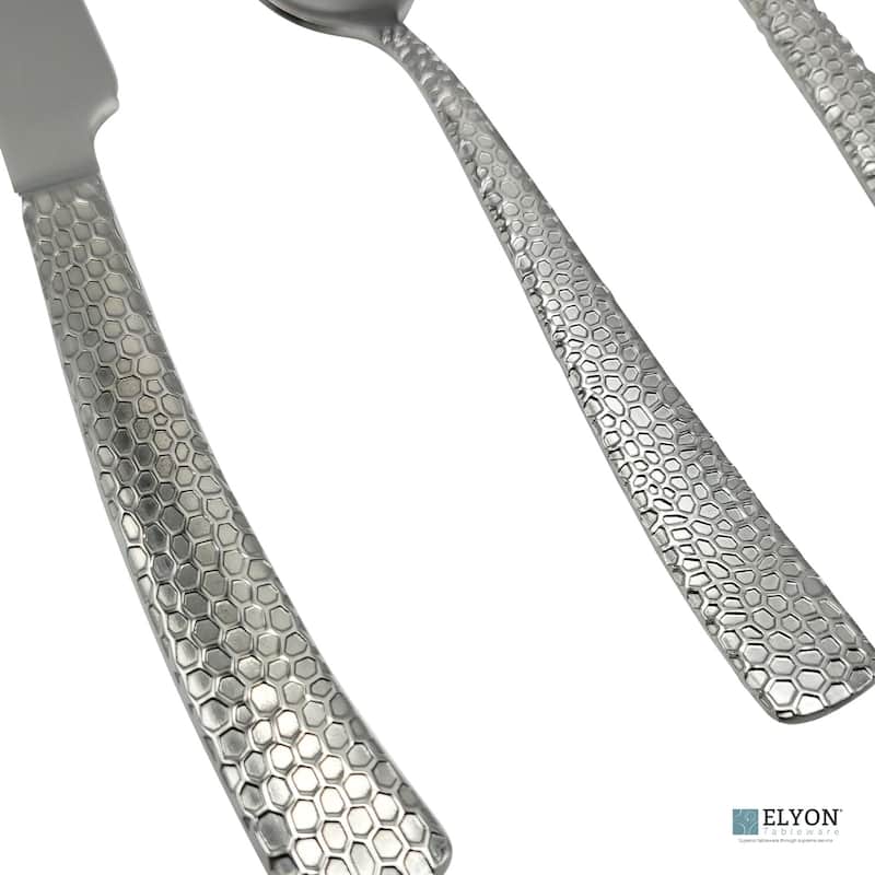 Elyon Crown Hammered Reflective Silver 20 Piece Flatware Set Stainless Steel Service For 4