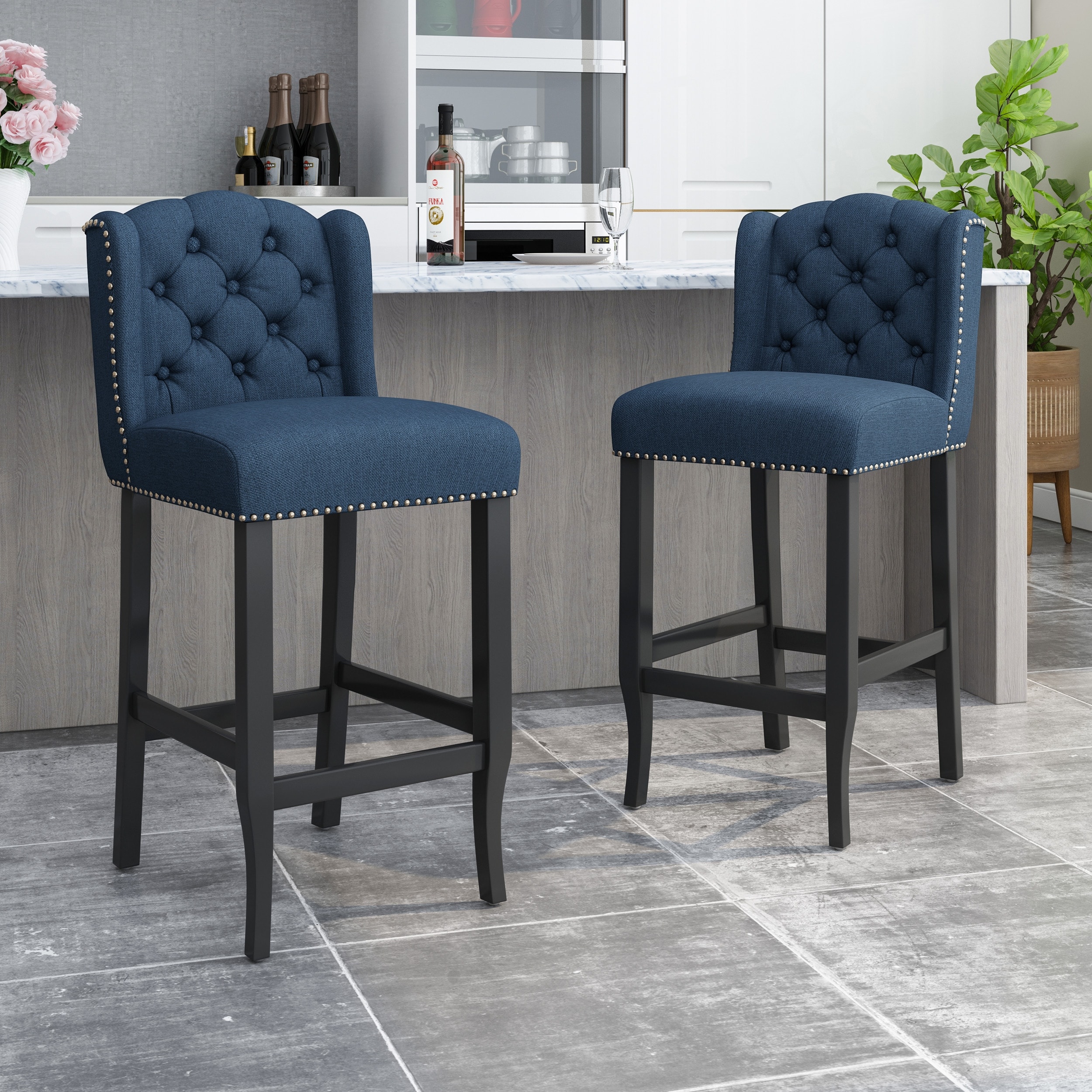 Roomfitters 2 Pcs Set Contemporary Bar Chairs, Upholstered Wingback Counter Stool with Button Tufted Backrest for Kitchen Island
