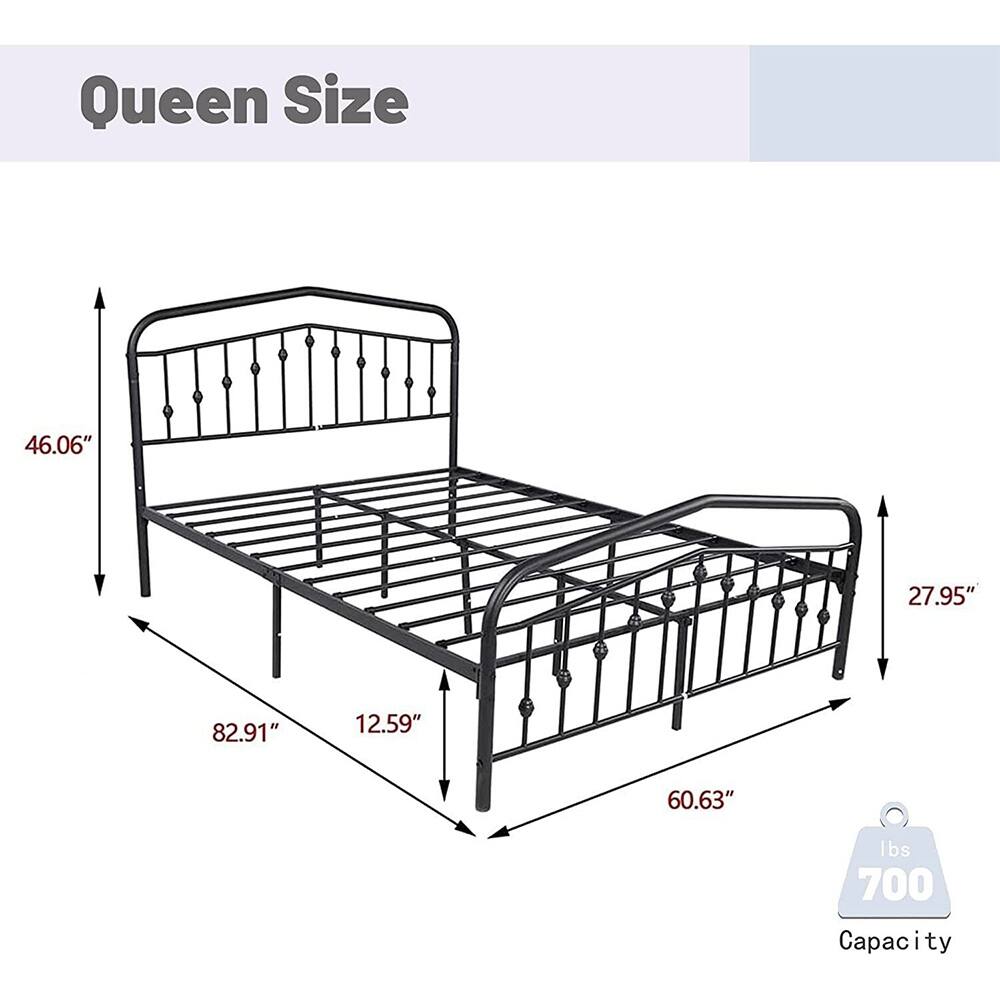 Queen Size Metal Bed Frame with Headboard and Footboard, Black Bed
