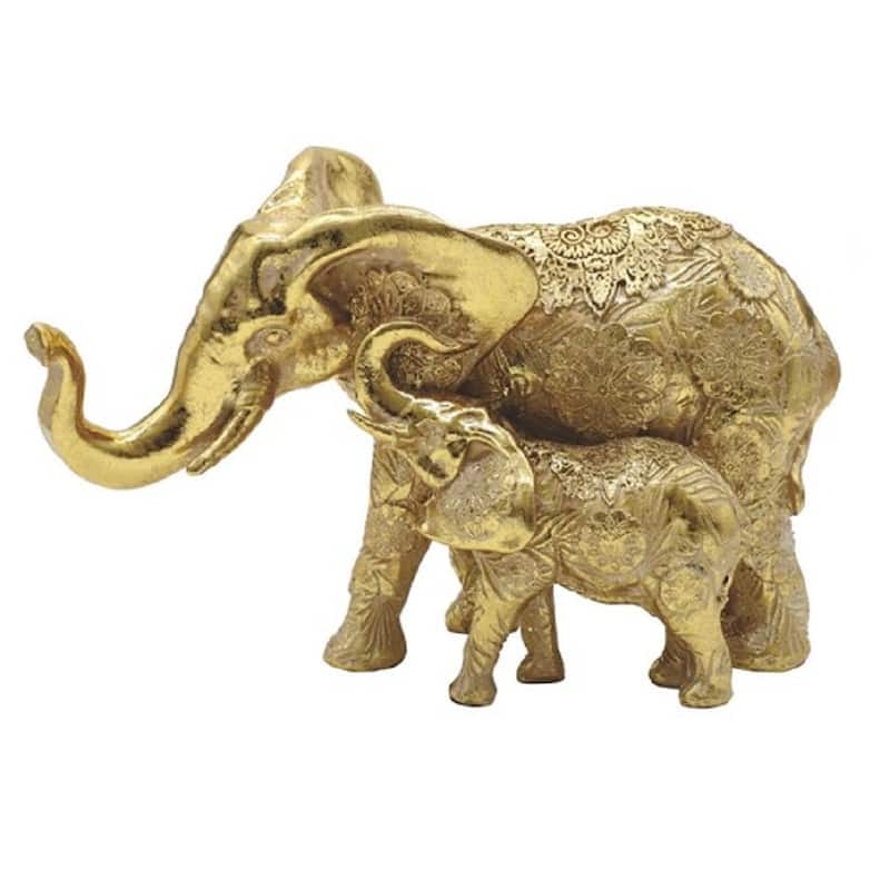 Q-Max 7.5"W Gold Thai Elephant with Baby Statue Feng Shui Decoration Religious Figurine